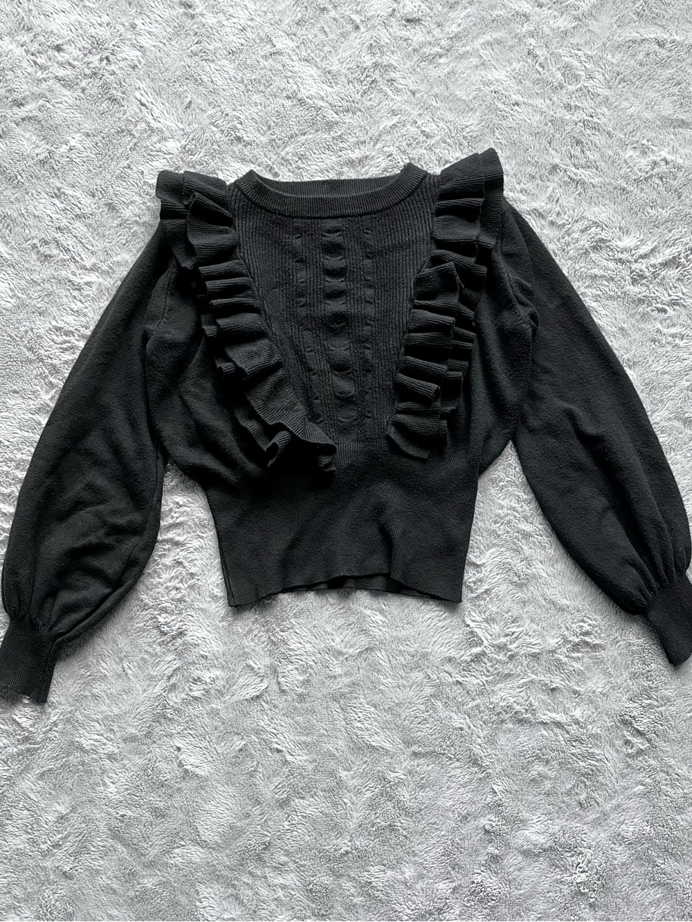 Black Ruffle Puff Sleeve Knit Sweater